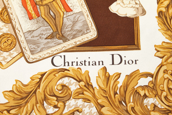 ディオール チェス トランプ ブラウン ホワイト イエロー シルク スカーフ レディース Dior 中古