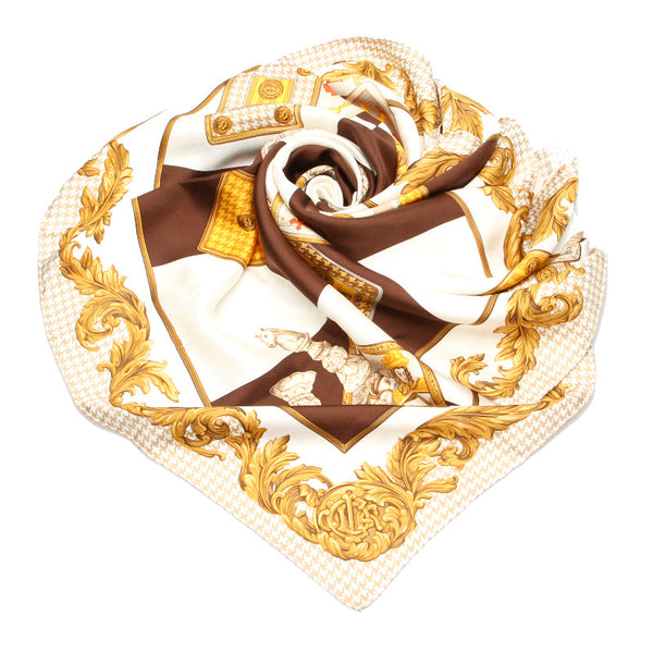 ディオール チェス トランプ ブラウン ホワイト イエロー シルク スカーフ レディース Dior 中古