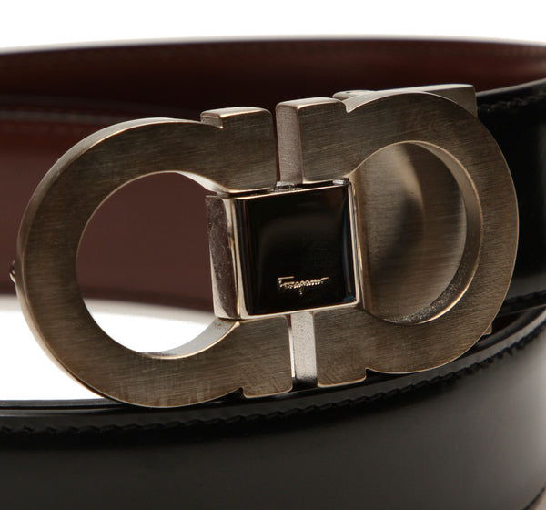 サルヴァトーレフェラガモ ブラック シルバー レザー ベルト メンズ Salvatore Ferragamo 中古