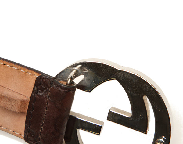 グッチ 114984 ブラウン シルバー レザー ベルト メンズ GUCCI 中古