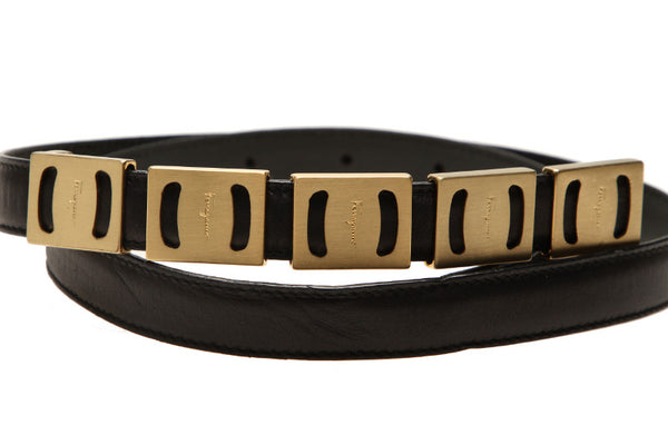 サルヴァトーレフェラガモ ブラック ゴールド レザー ベルト レディース Salvatore Ferragamo 中古