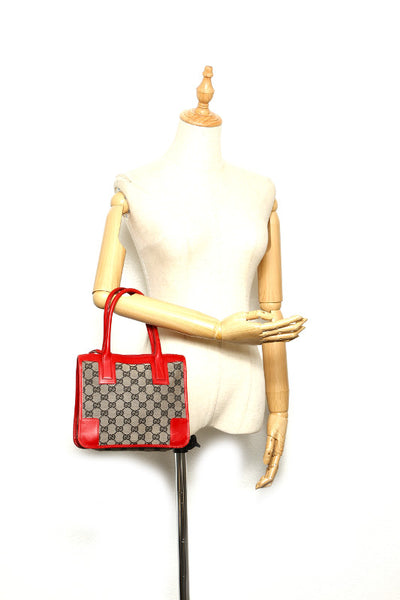グッチ GGキャンバス 0000856 ベージュ ブラック レッド キャンバス レザー ハンドバッグ レディース GUCCI 中古