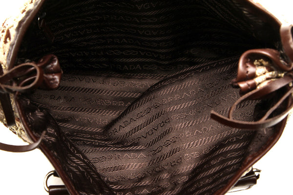 プラダ BN0710 アイボリー ブラウン ナイロン レザー ハンドバッグ レディース PRADA 中古