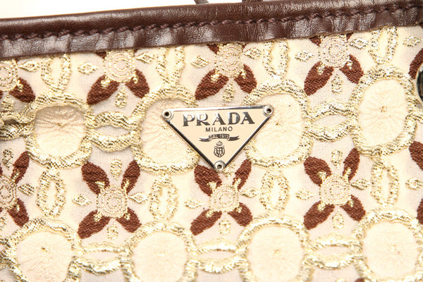 プラダ BN0710 アイボリー ブラウン ナイロン レザー ハンドバッグ レディース PRADA 中古
