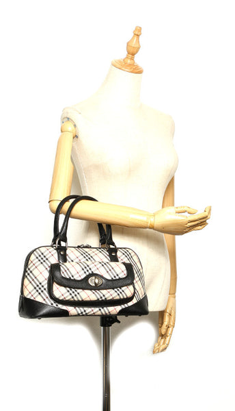 バーバリー ノバチェック ベージュ ブラック キャンバス レザー ハンドバッグ レディース BURBERRY 中古