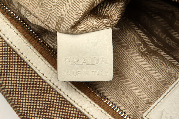 プラダ ベージュ ホワイト キャンバス レザー ショルダーバッグ レディース PRADA 中古