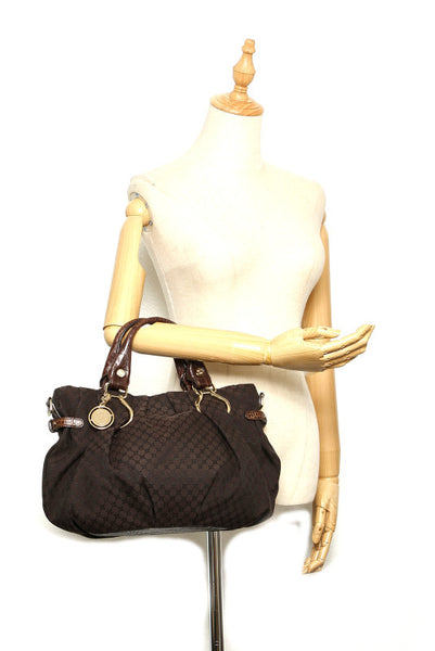 セリーヌ マカダム ブラウン キャンバス レザー ハンドバッグ レディース CELINE 中古