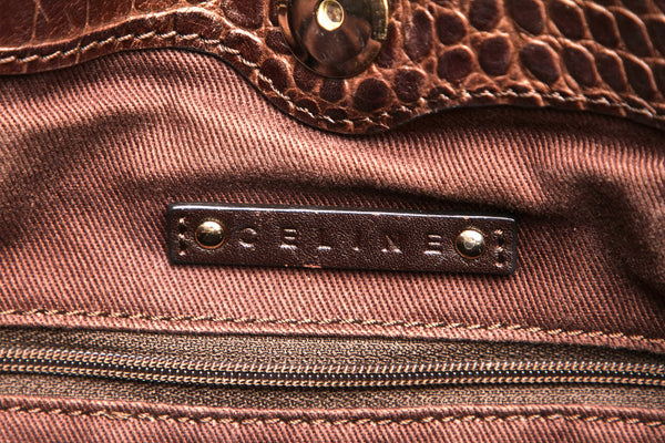 セリーヌ マカダム ブラウン キャンバス レザー ハンドバッグ レディース CELINE 中古