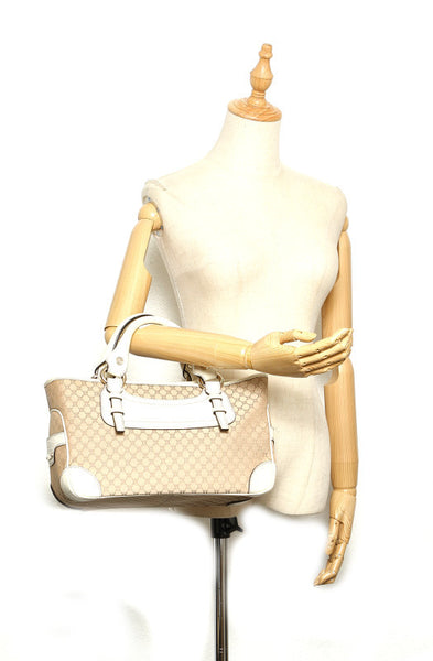セリーヌ マカダム ベージュ ホワイト キャンバス レザー ハンドバッグ レディース CELINE 中古