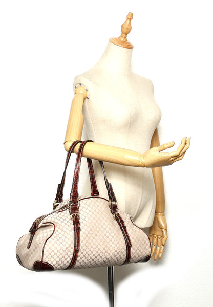 セリーヌ ベージュ ブラウン キャンバス レザー ボストンバッグ レディース CELINE 中古