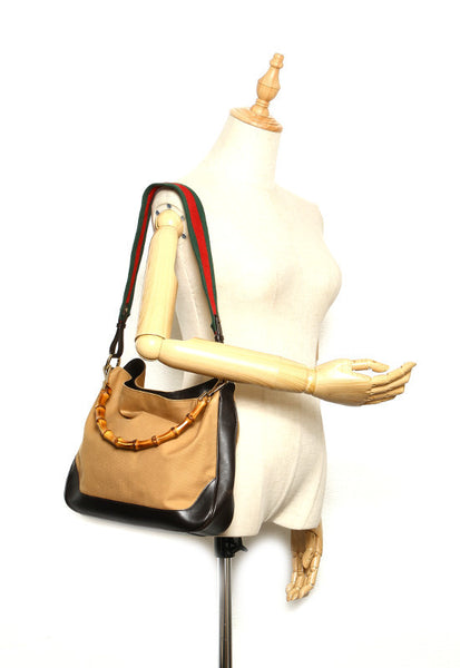 グッチ シェリー バンブー 001 4095 カーキ ブラウン キャンバス レザー ハンドバッグ ショルダーバッグ 2WAY レディース GUCCI 中古