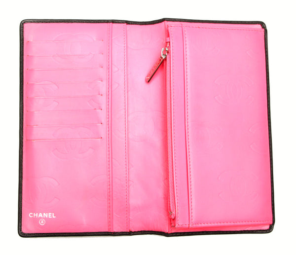 シャネル カンボンライン ブラック ピンク レザー 長財布 レディース CHANEL 中古