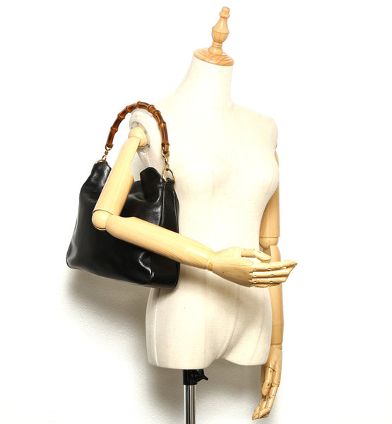 グッチ バンブー 001・3444 ブラック レザー ハンドバッグ レディース GUCCI 中古
