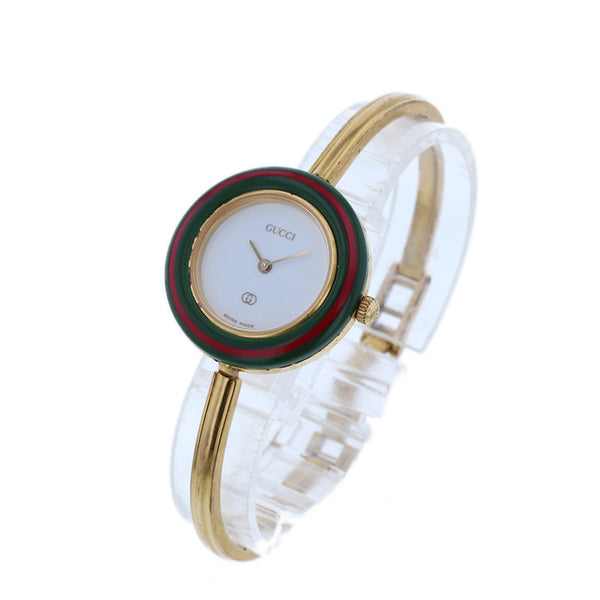 グッチ チェンジベゼル 1100-L ホワイト グリーン レッド ゴールド メッキ 腕時計 レディース GUCCI クオーツ ホワイト文字盤 【中古】