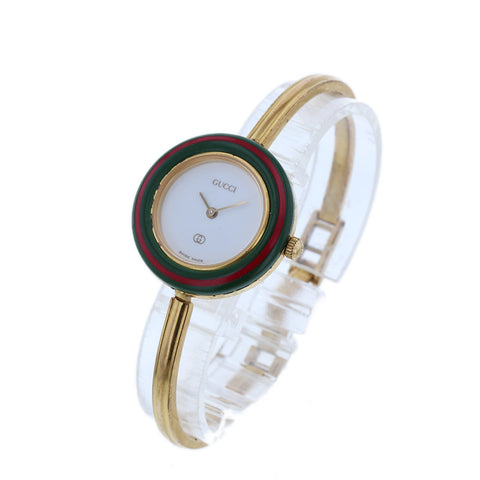 グッチ チェンジベゼル 1100-L ホワイト グリーン レッド ゴールド メッキ 腕時計 レディース GUCCI クオーツ ホワイト文字盤 【中古】
