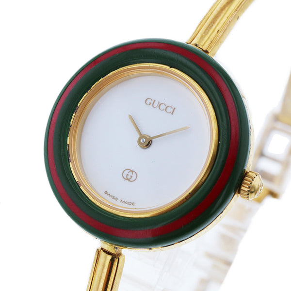 グッチ チェンジベゼル 1100-L ホワイト グリーン レッド ゴールド メッキ 腕時計 レディース GUCCI クオーツ ホワイト文字盤 【中古】