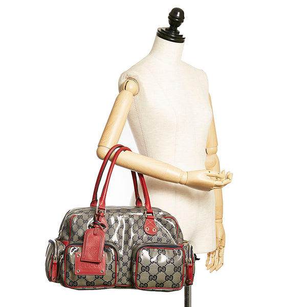 グッチ GGクリスタル ヒステリア ハンドバッグ ネイビー レッド PVC レザー レディース GUCCI 【中古】