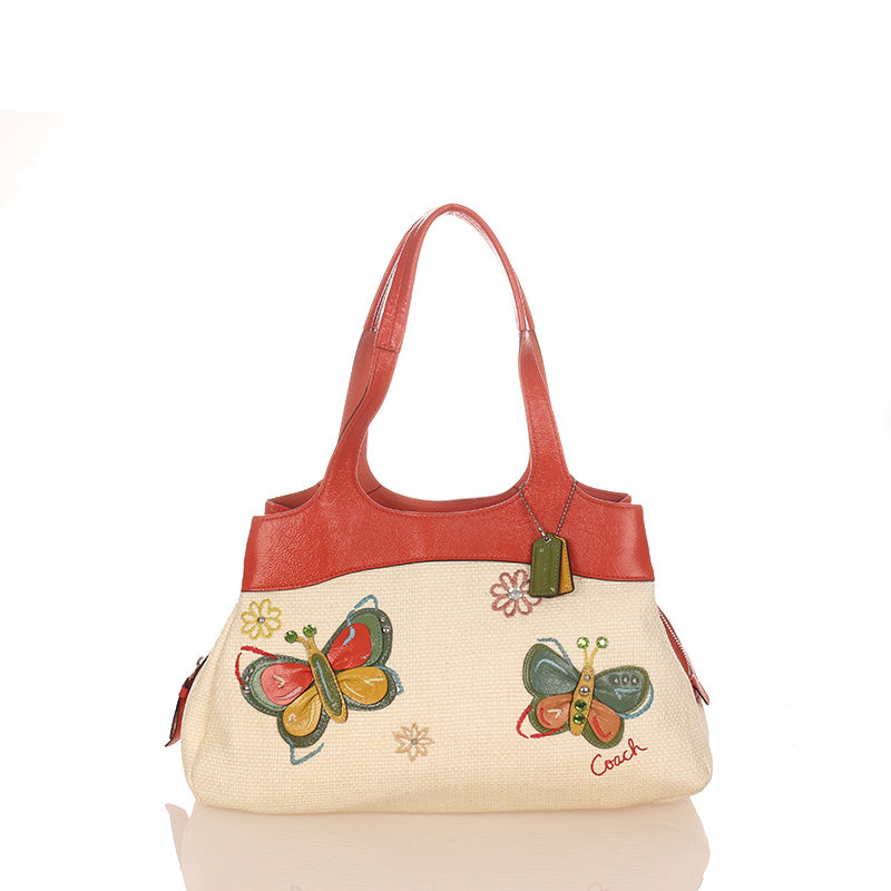 コーチ ストローサッチェル レキシーバタフライ ショルダーバッグ F16584 オレンジ アイボリー ストロー レザー レディース COACH 【中古】