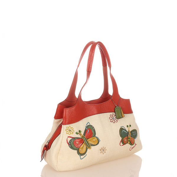 コーチ ストローサッチェル レキシーバタフライ ショルダーバッグ F16584 オレンジ アイボリー ストロー レザー レディース COACH 【中古】