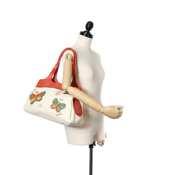 コーチ ストローサッチェル レキシーバタフライ ショルダーバッグ F16584 オレンジ アイボリー ストロー レザー レディース COACH 【中古】