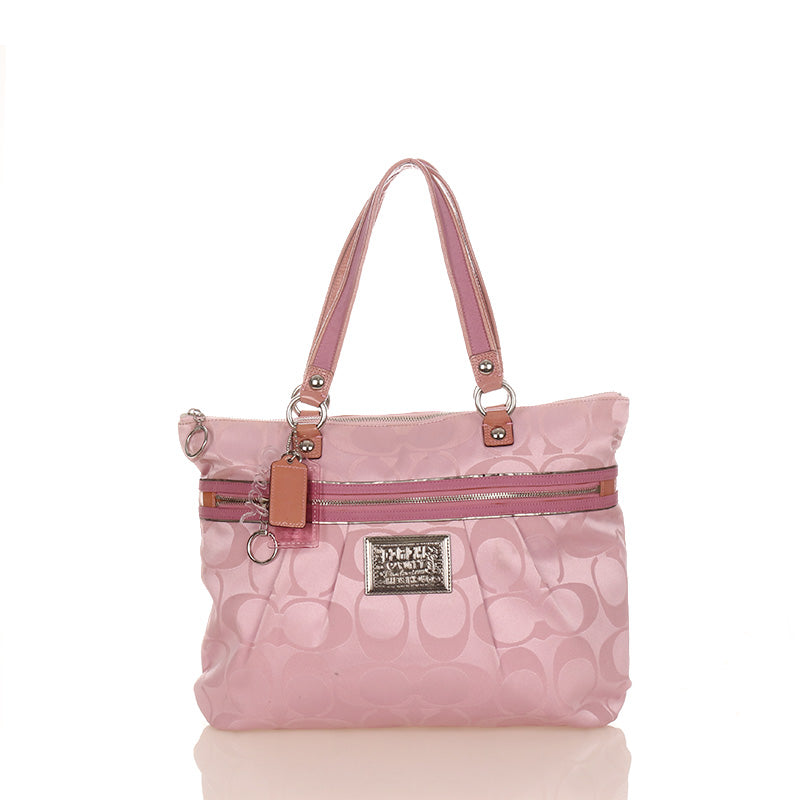 コーチ シグネチャー POPPY 15316 ピンク キャンバス レザー ショルダーバッグ トートバッグ レディース COACH 【中古】