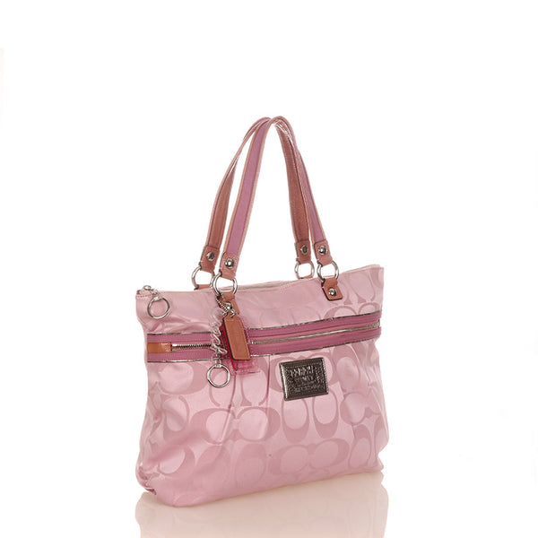 コーチ シグネチャー POPPY 15316 ピンク キャンバス レザー ショルダーバッグ トートバッグ レディース COACH 【中古】