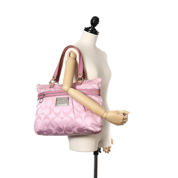 コーチ シグネチャー POPPY 15316 ピンク キャンバス レザー ショルダーバッグ トートバッグ レディース COACH 【中古】