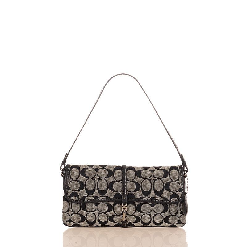 コーチ シグネチャー クリップ デミポーチ 6348 ネイビー グレー キャンバス レザー ショルダーバッグ レディース COACH 【中古】