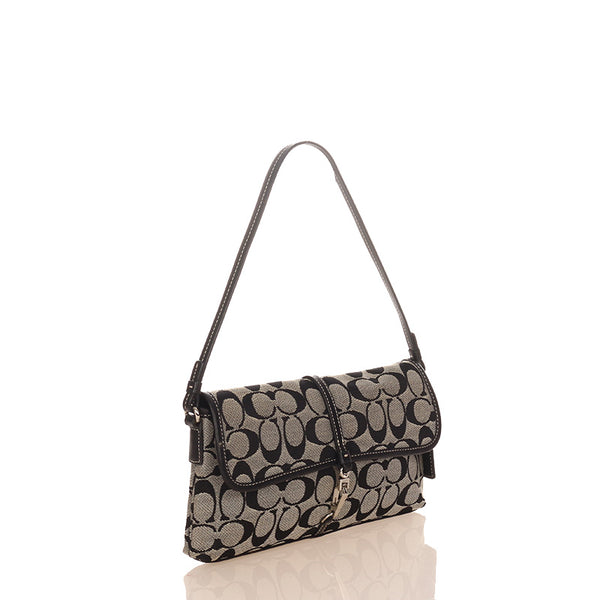 コーチ シグネチャー クリップ デミポーチ 6348 ネイビー グレー キャンバス レザー ショルダーバッグ レディース COACH 【中古】