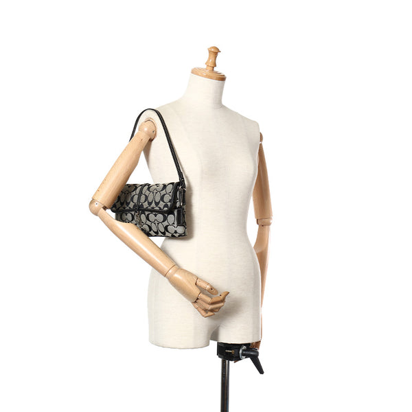 コーチ シグネチャー クリップ デミポーチ 6348 ネイビー グレー キャンバス レザー ショルダーバッグ レディース COACH 【中古】