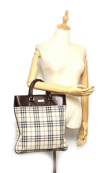 バーバリー ノバチェック ベージュ キャンバス レザー トートバッグ レディース BURBERRY 中古