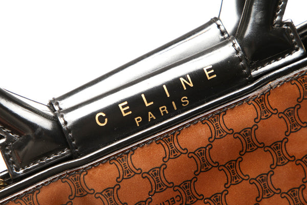 セリーヌ マカダム ブラウン 茶 エナメル ハンドバッグ レディース CELINE 中古