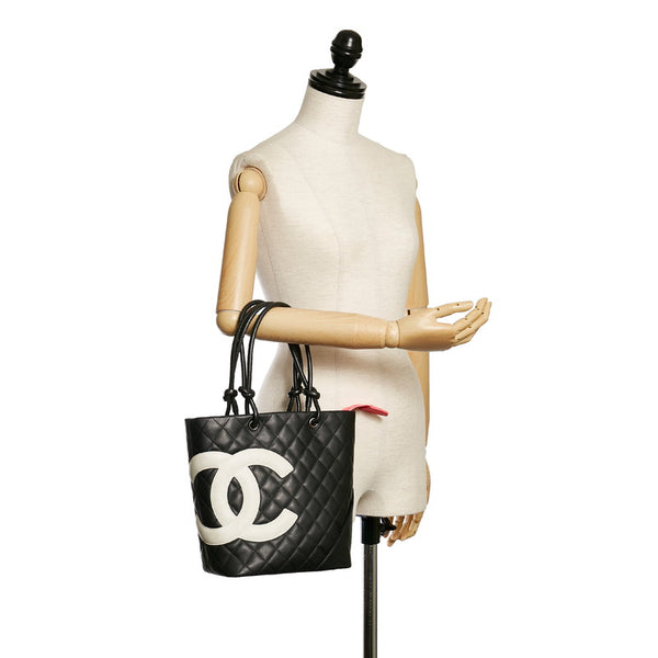 シャネル カンボンライン ココマーク ハンドバッグ ブラック ホワイト レザー レディース CHANEL 【中古】