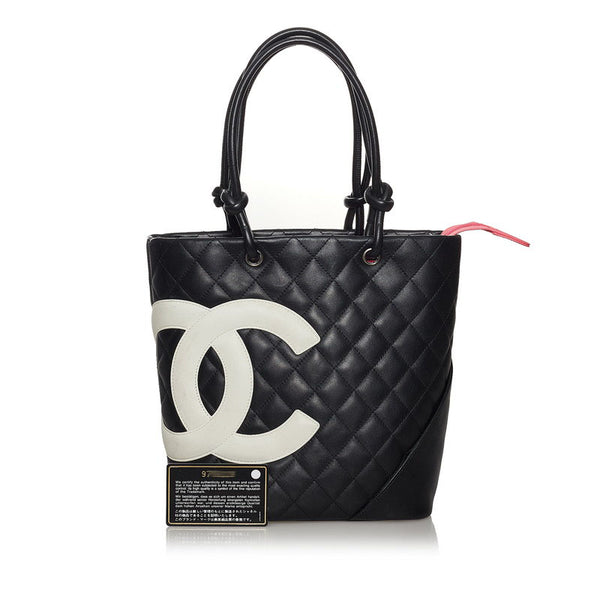 シャネル カンボンライン ココマーク ハンドバッグ ブラック ホワイト レザー レディース CHANEL 【中古】