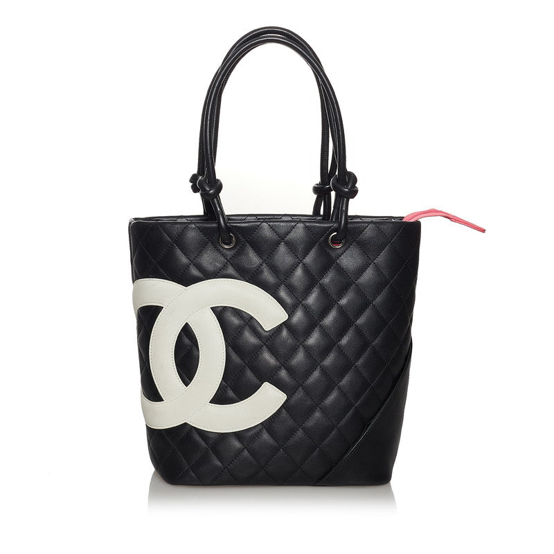 シャネル カンボンライン ココマーク ハンドバッグ ブラック ホワイト レザー レディース CHANEL 【中古】