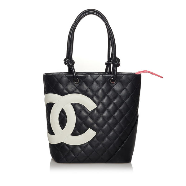 シャネル カンボンライン ココマーク ハンドバッグ ブラック ホワイト レザー レディース CHANEL 【中古】