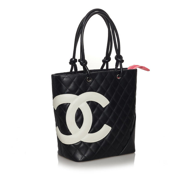 シャネル カンボンライン ココマーク ハンドバッグ ブラック ホワイト レザー レディース CHANEL 【中古】