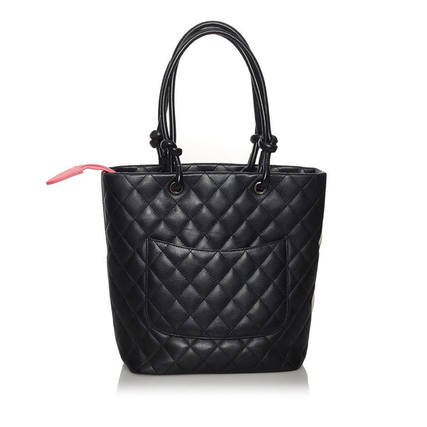 シャネル カンボンライン ココマーク ハンドバッグ ブラック ホワイト レザー レディース CHANEL 【中古】