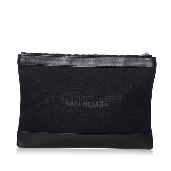 バレンシアガ ネイビークリップM クラッチバッグ 373834 ブラック キャンバス レザー メンズ BALENCIAGA 【中古】