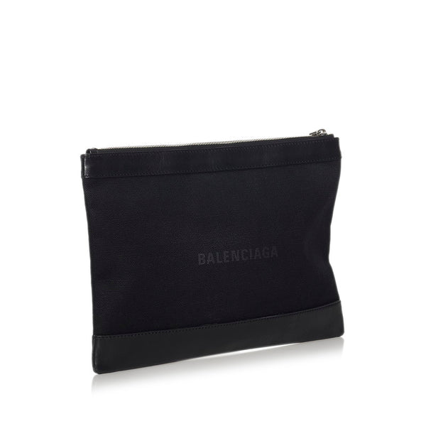 バレンシアガ ネイビークリップM クラッチバッグ 373834 ブラック キャンバス レザー メンズ BALENCIAGA 【中古】