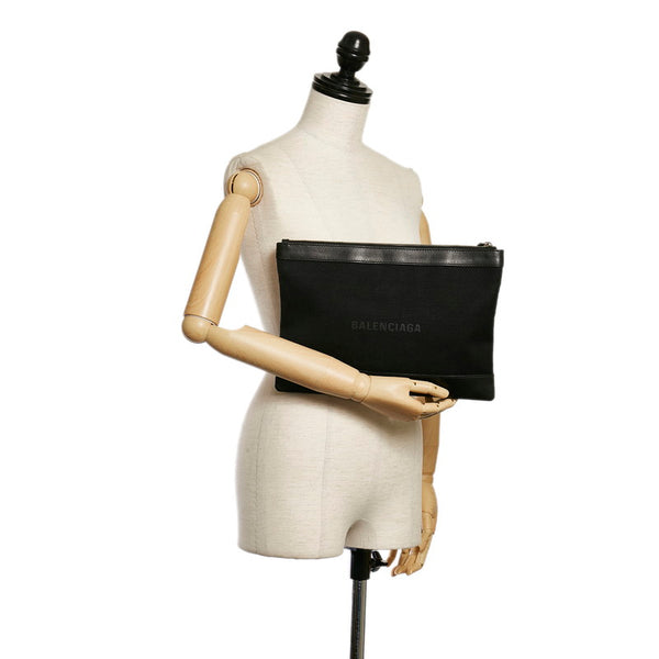 バレンシアガ ネイビークリップM クラッチバッグ 373834 ブラック キャンバス レザー メンズ BALENCIAGA 【中古】