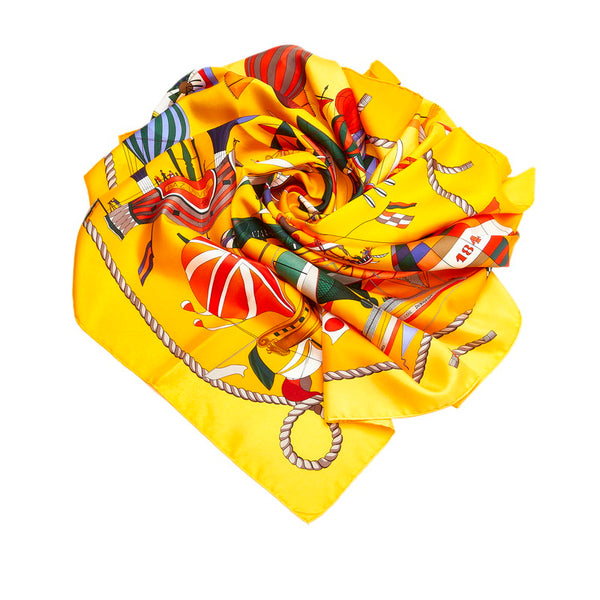 エルメス カレ90 LES FOLIES DU CIEL 大空の狂気 スカーフ オレンジ シルク レディース HERMES 【中古】