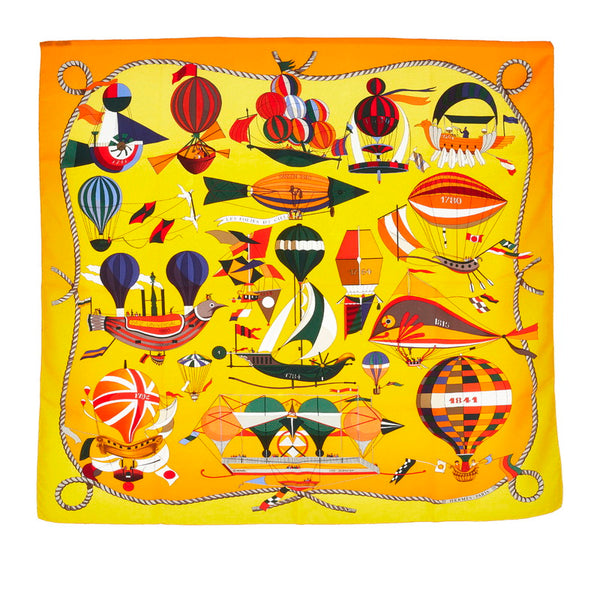 エルメス カレ90 LES FOLIES DU CIEL 大空の狂気 スカーフ オレンジ シルク レディース HERMES 【中古】