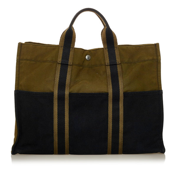 エルメス フールトゥ MM トートバッグ カーキ ブラック キャンバス レディース HERMES 【中古】
