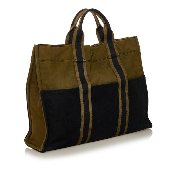 エルメス フールトゥ MM トートバッグ カーキ ブラック キャンバス レディース HERMES 【中古】