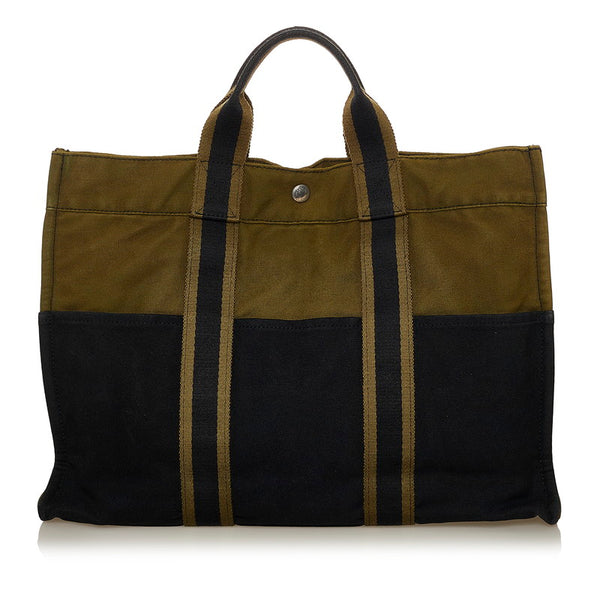 エルメス フールトゥ MM トートバッグ カーキ ブラック キャンバス レディース HERMES 【中古】