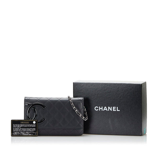 シャネル カンボンライン チェーン ショルダーバッグ ウォレットチェーン ブラック レザー エナメル レディース CHANEL 【中古】