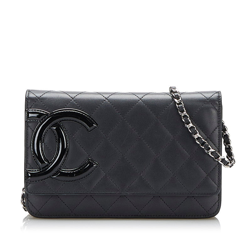 シャネル カンボンライン チェーン ショルダーバッグ ウォレットチェーン ブラック レザー エナメル レディース CHANEL 【中古】