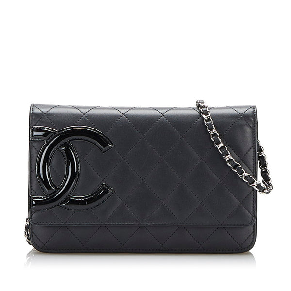 シャネル カンボンライン チェーン ショルダーバッグ ウォレットチェーン ブラック レザー エナメル レディース CHANEL 【中古】