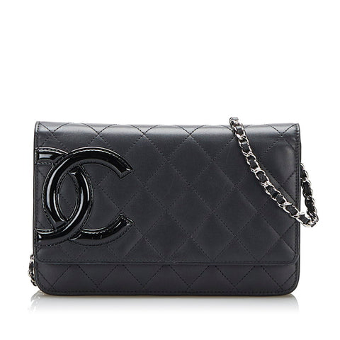 シャネル カンボンライン チェーン ショルダーバッグ ウォレットチェーン ブラック レザー エナメル レディース CHANEL 【中古】